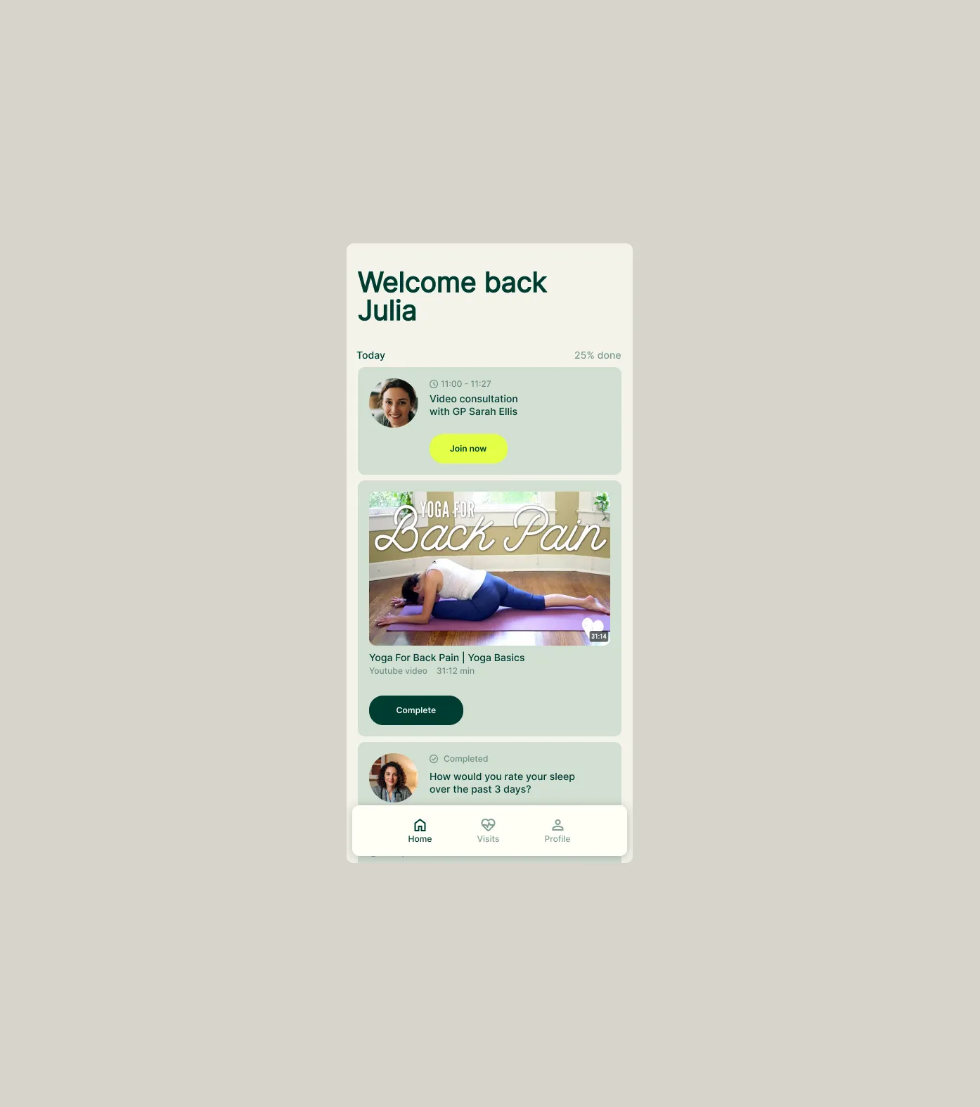 Wellco patient mobile app — home screen with daily tasks